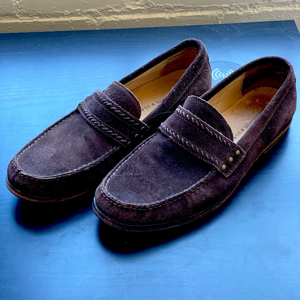 John Varvatos ⭐️ USA designer Suede Deep Brown Loafers Sz 1OM